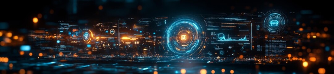 Fototapeta premium Holographic interface with data flow statistics and futuristic analysis features. Generative AI