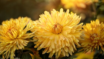Obraz premium Chrysanthemum grandiflorum yellow flowers, Mums growing in autumn garden