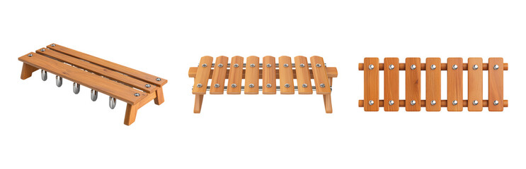 Wooden Instrument Components in Three Distinct Styles Isolated on transparent background