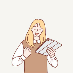 The girl rejoices at the victory. New Year illustration in cartoon style.