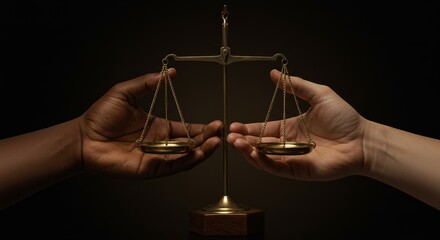 Symbolizing equity: Hands of diverse tones upholding scales of justice with parity