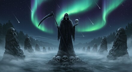 Mystical grim reaper obsidian standing amid skulls under aurora borealis spectacle