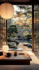 This serene home office features a low wooden desk and elegant paper lanterns. A calming view of a Zen garden with a peaceful pond and lush greenery enhances the peaceful atmosphere