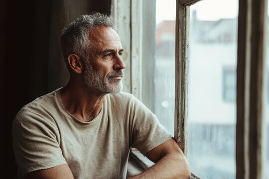 Pensive mature man looking out of the window in contemplation - Powered by Adobe