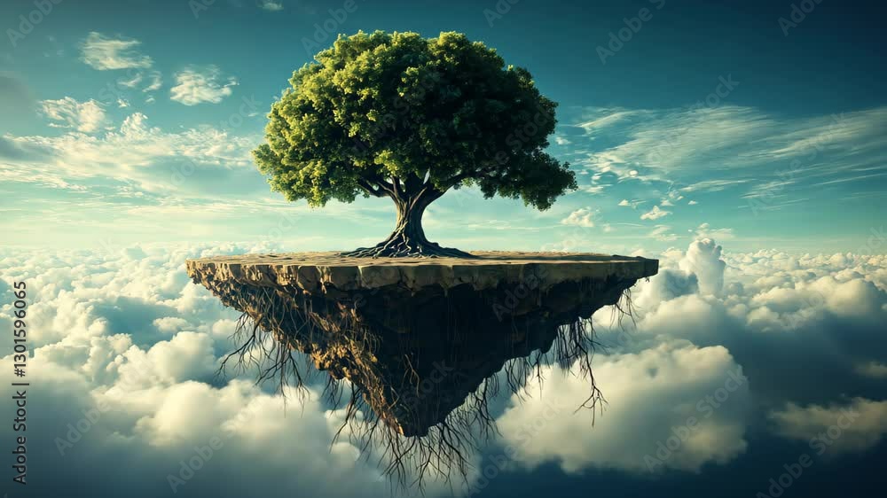 Poster surreal tree growing upside down in sky with floating island and roots visible in clouds and dramati