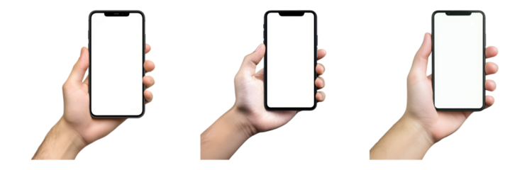 Hands Holding Smartphones with Blank Screens Displayed Isolated on transparent background