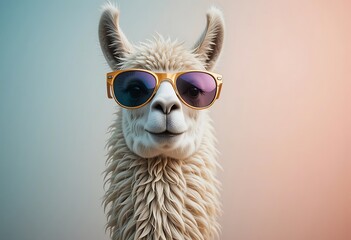 Fototapeta premium Creative animal concept. Llama in sunglass shade glasses isolated on solid pastel background, commercial, editorial advertisement, surreal surrealism
