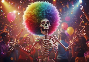 Rainbow Skull's Festive Dance: A Vibrant, Joyful Party Scene