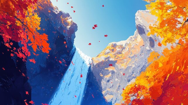 Autumnal waterfall cascading through mountain gorge