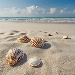 A tranquil beach scene with soft white sand, gentle waves, and seashells scattered along the shoreline.

