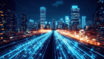 Fototapeta premium Futuristic city highway with glowing digital data streams at night.
