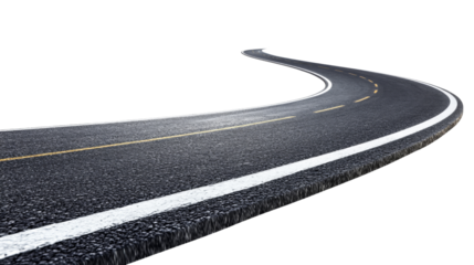 Winding asphalt road leading into the distance with transparent background