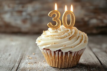 30th birthday cupcake with golden number candles and sprinkles on rustic wood background