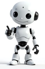 cute white robot with large eyes giving thumbs up on white background. concept of friendly technology and robotics. tech design, educational material, children's book illustration.