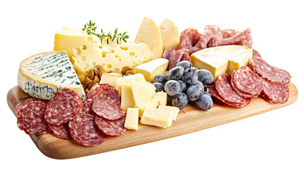 Delicious charcuterie board presenting assorted cheeses, cured meats, and grapes on transparent background
