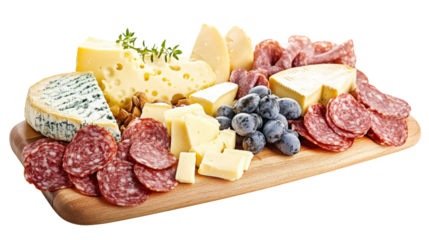 Delicious charcuterie board presenting assorted cheeses, cured meats, and grapes on transparent background