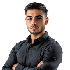 Focused Young Man in Dark Gray Shirt Exuding Confidence isolated on transparent background