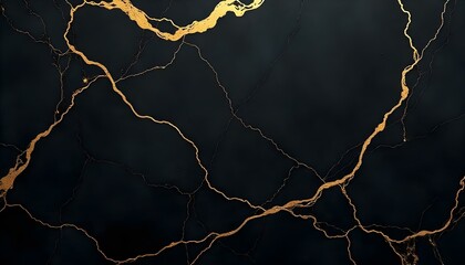 Un primer plano de alta resolución de mármol negro con vetas doradas, el mármol tiene una textura suave y pulida, con un fondo negro profundo, las vetas doradas son delgadas e intrincadas