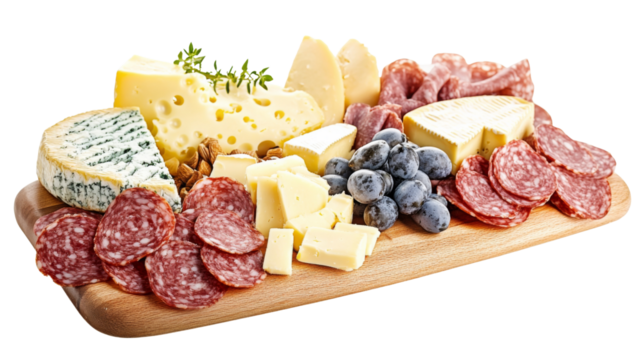 Delicious charcuterie board presenting assorted cheeses, cured meats, and grapes on transparent background