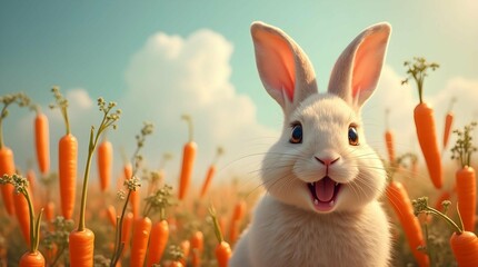 A cheerful white rabbit with wide eyes and open mouth sits amidst a field of carrots under a bright sky, conveying a sense of wonder and joy