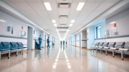 a long, brightly lit hospital hallway with some medical staff. There are rows of chairs and doors