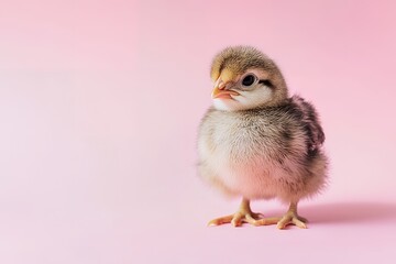 Obraz premium Adorable fluffy chick on soft pink background captures innocence and charm