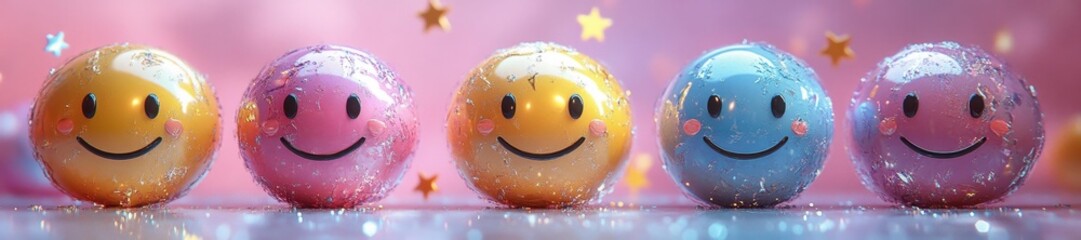 Colorful Smiley Faces with Glossy Surfaces and Metallic Reflections on a Pastel Pink Background. Generative AI