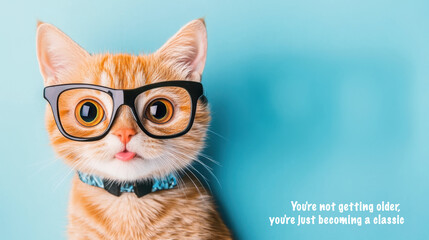 Adorable cartoon cat with glasses on a birthday card for humor and celebration