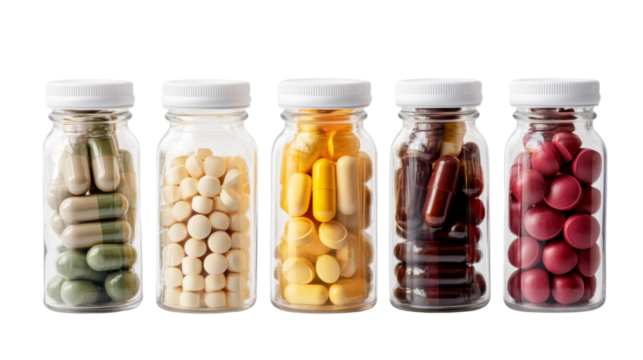 Five glass jars containing different colored pills and capsules on transparent background