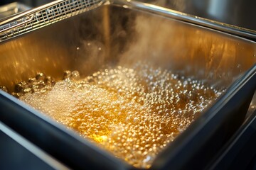 Deep fryer boiling oil with rising bubbles in commercial kitchen