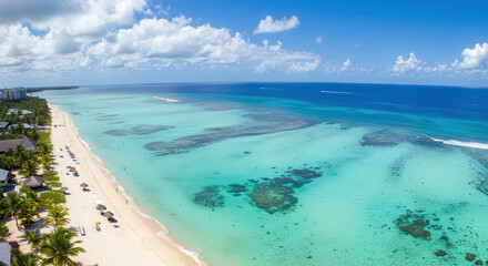 Fototapeta premium Aerial View of Tropical Turquoise Ocean and Sandy Beach Coastline in Summer Vacation Resort