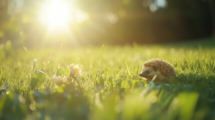 Obraz premium Adorable hedgehog exploring grassy meadow at sunset