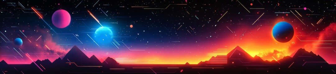 A futuristic neon landscape with vibrant geometric shapes and space elements in a retro-futuristic style. Generative AI