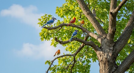 Fototapeta premium Serene Spring Birds: Colorful Avian Gathering in Lush Green Tree