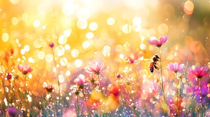 Bee pollinates pink cosmos flowers in a sunlit, bokeh-filled meadow, soft background