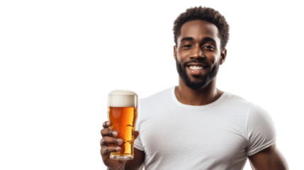 Smiling black man holding a glass of beer on transparent background
