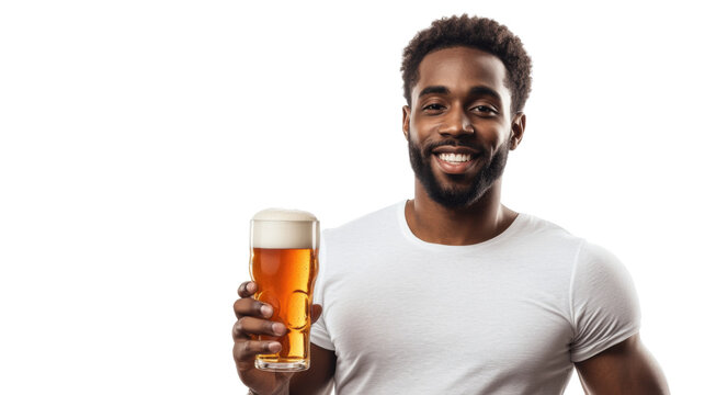 Smiling black man holding a glass of beer on transparent background