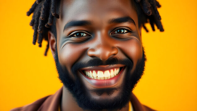 a smiling man with dreadlocks against a vibrant yellow background. He shows a heartwarming smile and the joy within