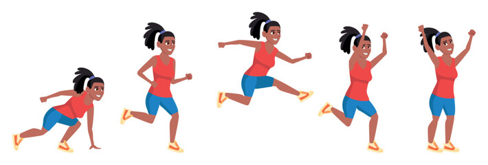 Black girl runner. Girl athlete runner in various poses