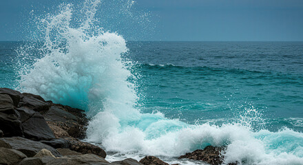 Fototapeta premium Ocean Waves Crashing on Rocks Along Scenic Coastline with Splashing Water and Blue Sea