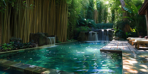 Serene Outdoor Oasis with Crystal Clear Pool and Waterfalls

