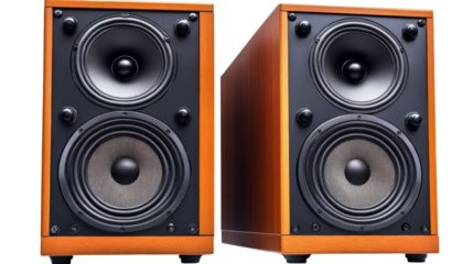 Two wooden loudspeakers with black speakers on transparent background