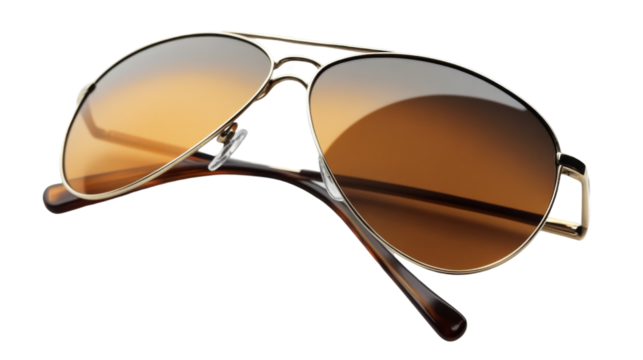 Aviator sunglasses with brown lenses and gold frame on transparent background