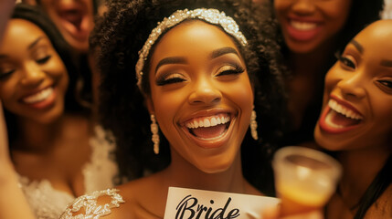 Joyful bride to be with friends celebrating at bachelorette party