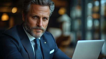 Serious Businessman in Suit Working on Laptop Indoors