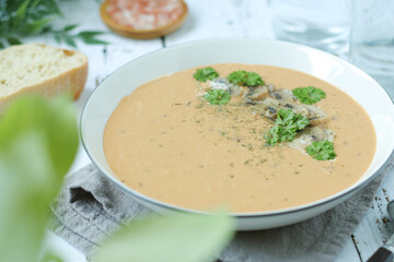 A bowl with mushroom cream soup	