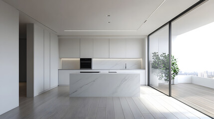Modern White Kitchen with Stunning Mountain View and Natural Light