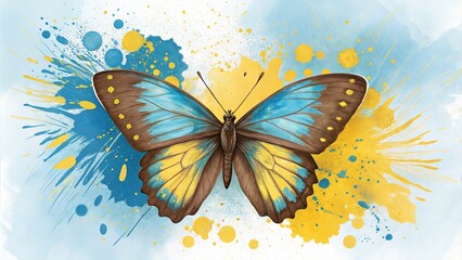 Abstract Butterfly Illustration with Blue and Yellow Paint Splashes