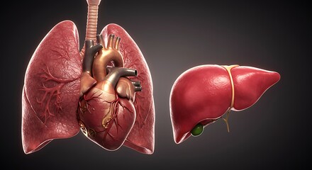 Human Heart and Respiratory System Anatomy Including Liver for Medical Illustration