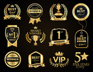 Winner's medal logo collection golden award logo design isolated on black background